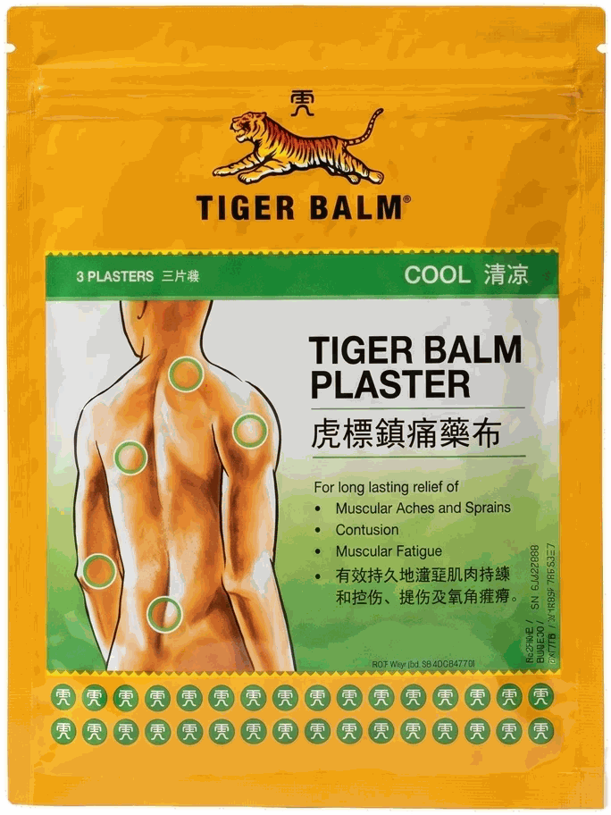 Tiger Balm Plaster Cool, presentat individualment sobre un fons clar